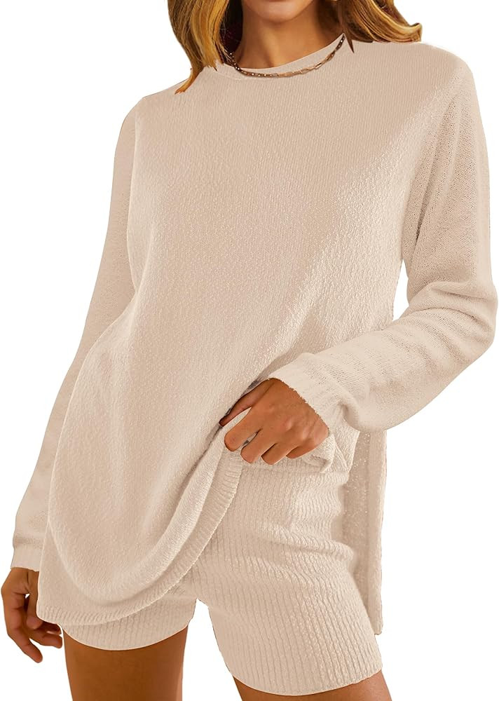 NENONA Women's 2024 Casual Two Piece Knit Outfits Long Sleeve Tunic Sweaters Top and Shorts Loung... | Amazon (US)