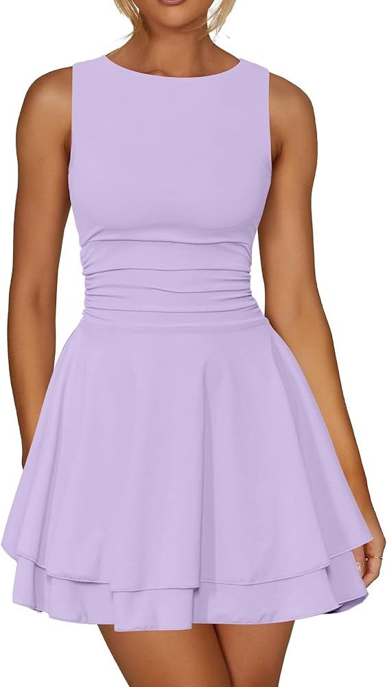 Kaximil Women's Ruffle Hem Boat Neck Mini Dress Sleeveless Ruched Corset Short Party Dresses | Amazon (US)