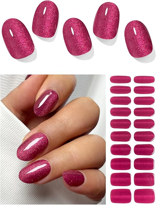Semi Cured Gel Nail Strips (Plum Red Cat Eye), Purple, 20 Pcs Gel Nail Wraps, Stickers, UV Light ... | Amazon (US)