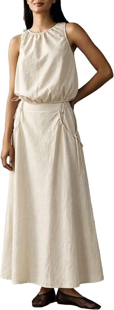 Womens 2 Piece Matching Set Sleeveless Cropped Tank Top Midi Dress | Amazon (US)