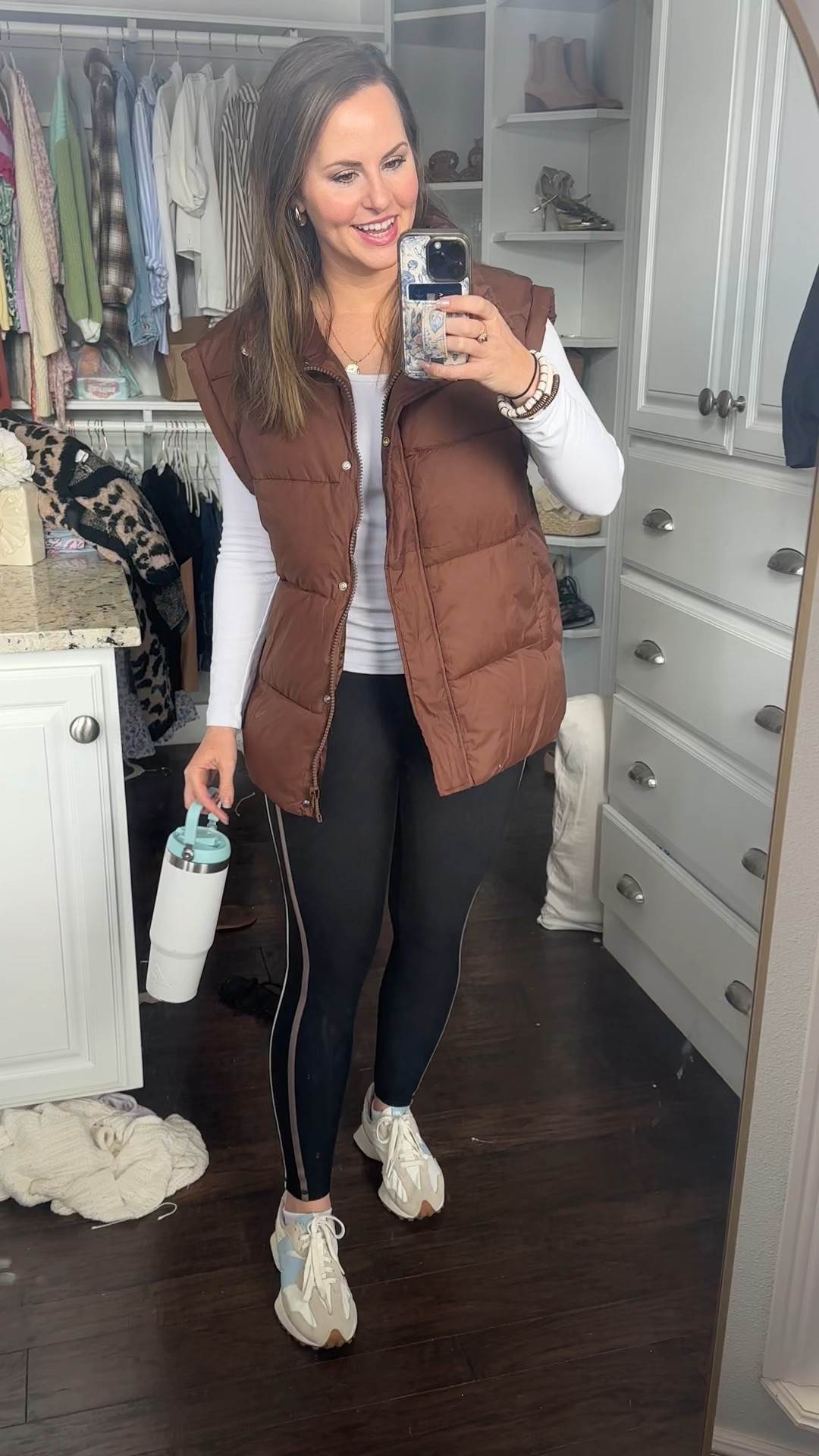 Easy active outfit for mom life & errands!! Wore this to Bible study & now picking up the kiddos & taking them to butterfly palace for fun Friday! Love making memories with my kiddos. Gotta be comfy while doing it!! 🦋

Love this brown puffer vest, ribbed long sleeve tee (perfect for layering) gold coin necklace, Abercrombie Ypb leggings (I get my true size in curve love in the sculpt lux line— perfect ammt of compression/smoothing. Paired it with my new blue sneakers! Linked my tumbler + some cute Walmart water bottles below too that are affordable & adorable! 

#LTKmomlife #LTKActive #LTKdayinmylife