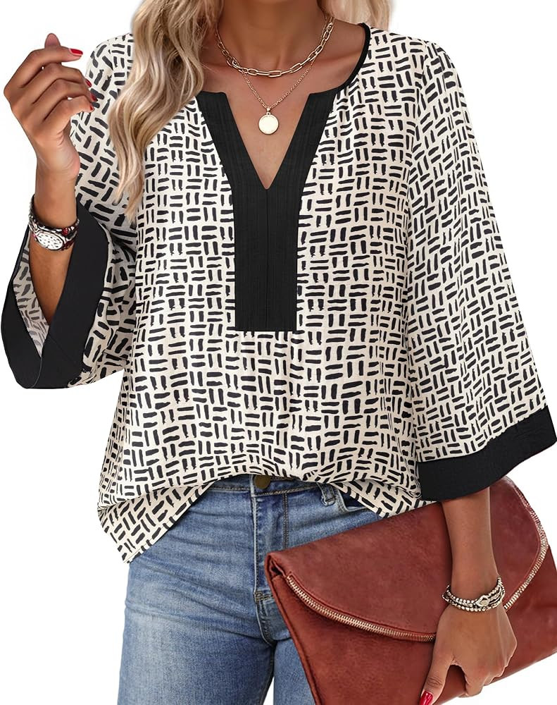 Bebonnie Women Blouses Dressy Casual 3/4 Sleeve V Neck Floral Loose Fit Tunic Tops | Amazon (US)