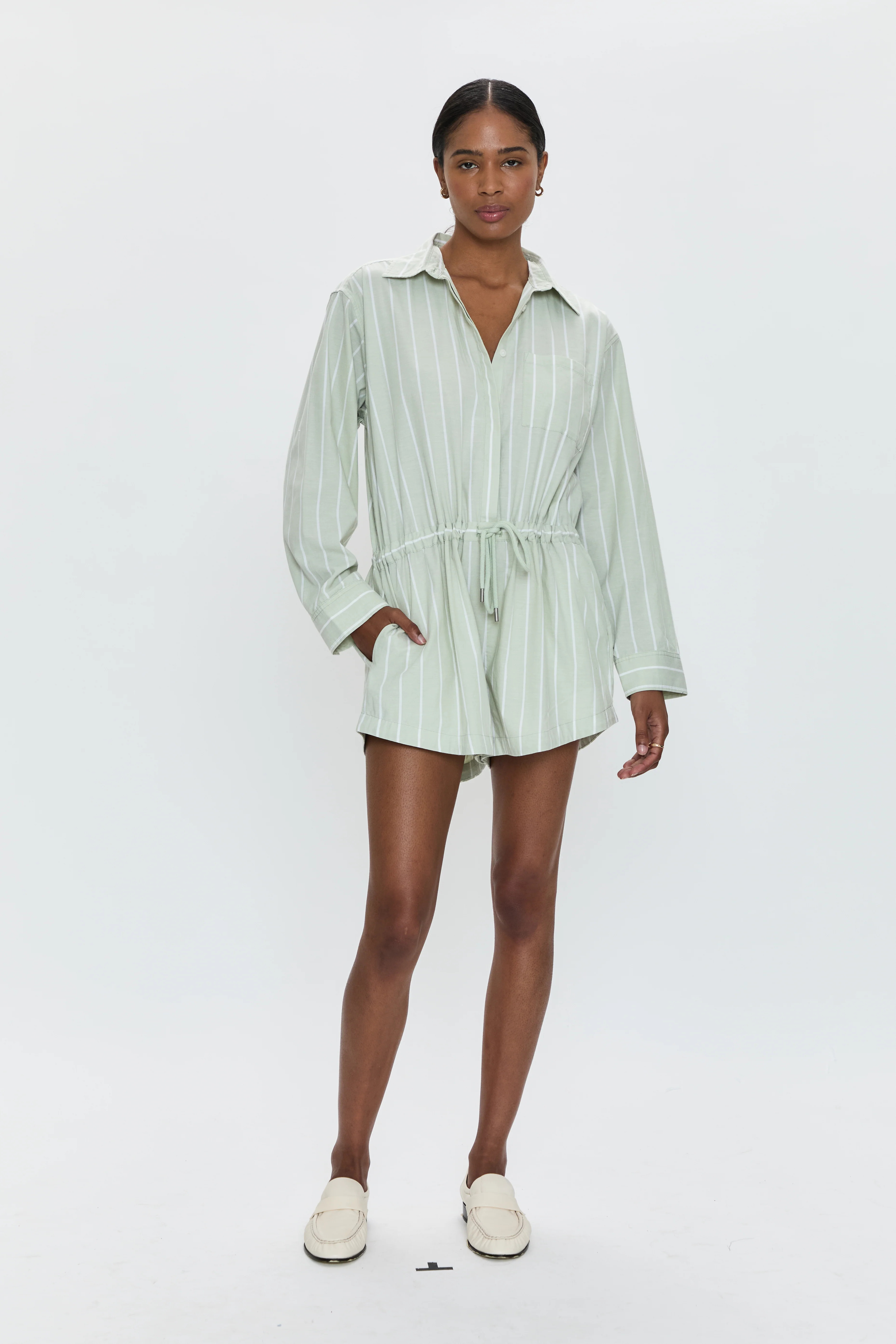 Amelie Romper- Pistachio Stripe | Pistola Denim