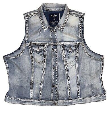 Silver Jeans Vest Jacket Womens Distressed Light Blue Denim Plus Size 3X 3XL | eBay US