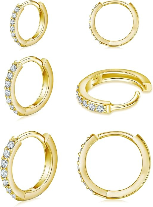 925 Sterling Silver Small Hoop Earrings Cubic Zirconia Huggie Hoop Earrings, 3 Pairs 14K White Go... | Amazon (US)