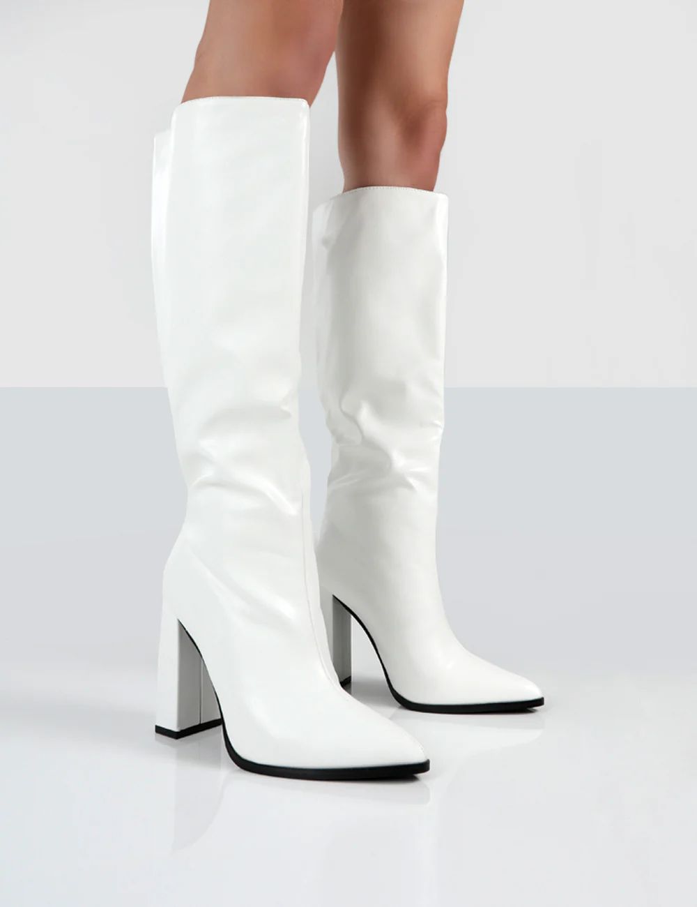 Posie White PU Knee High Block Heel Boots | Public Desire
