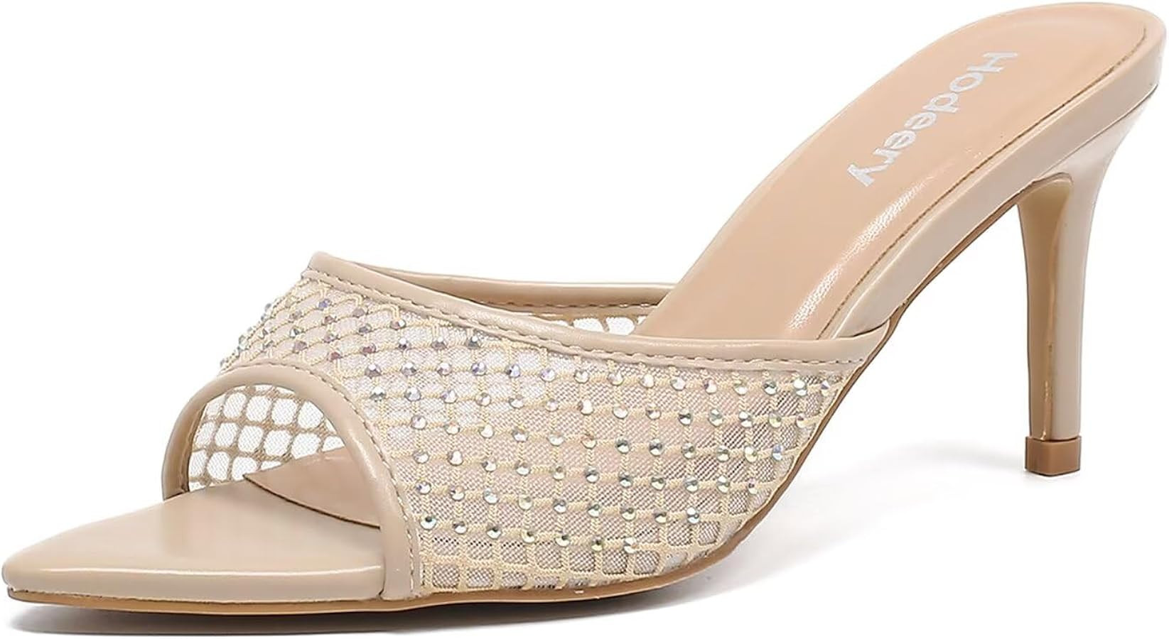 Women's Mesh Rhinestone Mule Heeled Sandals Slip On Pointed Open Toe 3 Inch Stiletto Dressy Party... | Amazon (US)