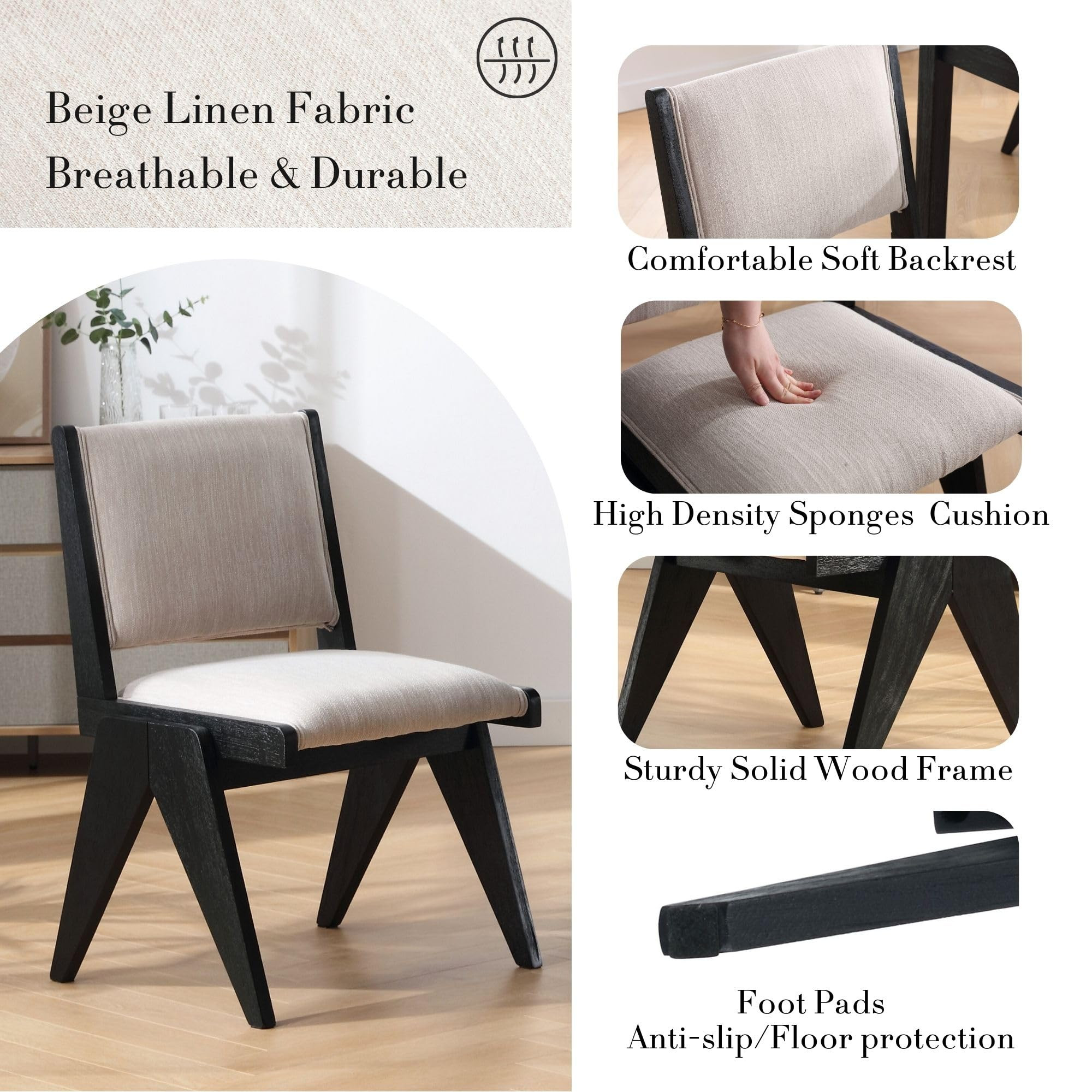 Mid Century Modern Farmhouse Dining Chairs Set of 2 Linen Upholstered Dining Room Chairs with Bla... | Amazon (US)