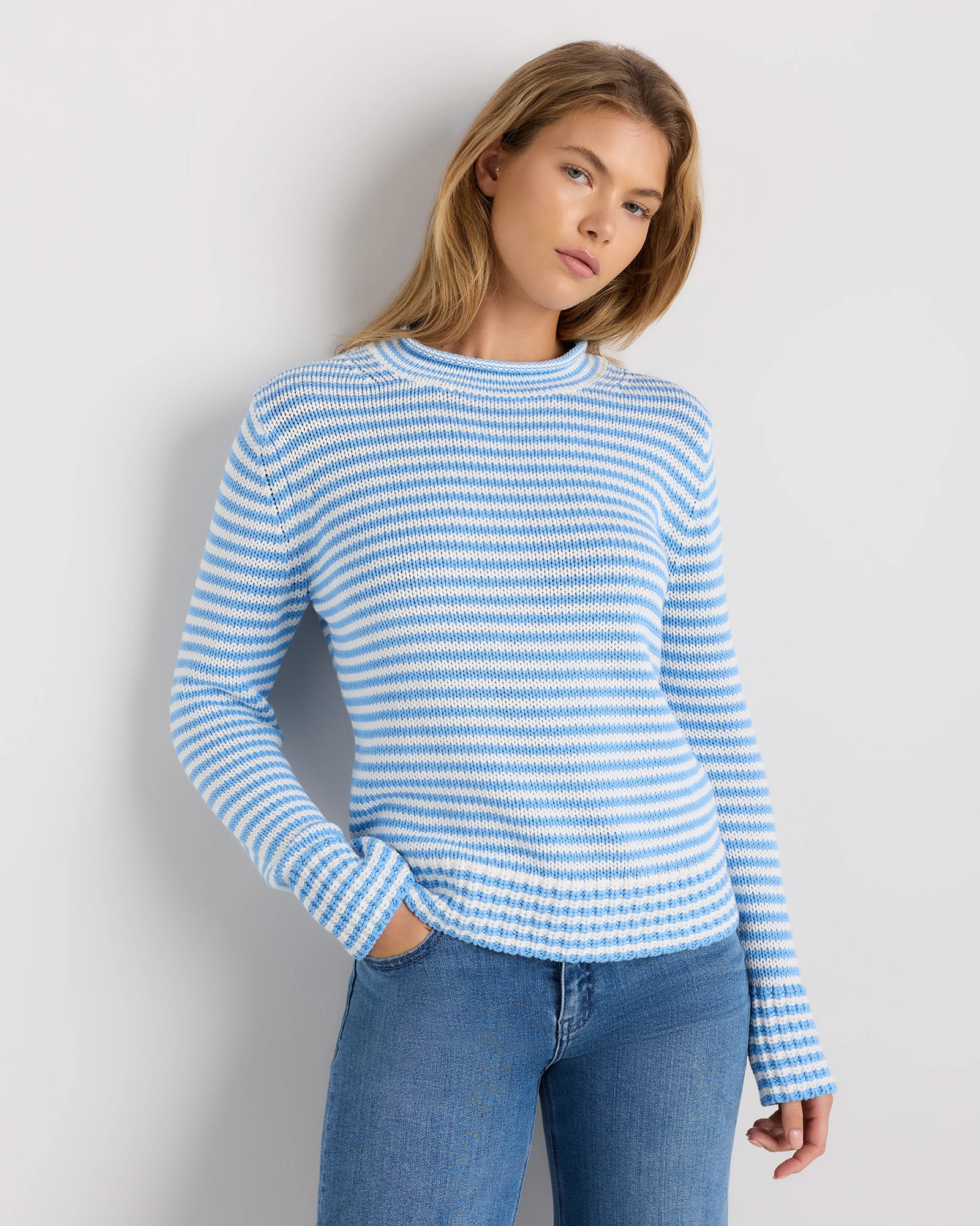 Women's 100% Organic Cotton Roll Neck Sweater in Cornflower Mini Stripe | Quince