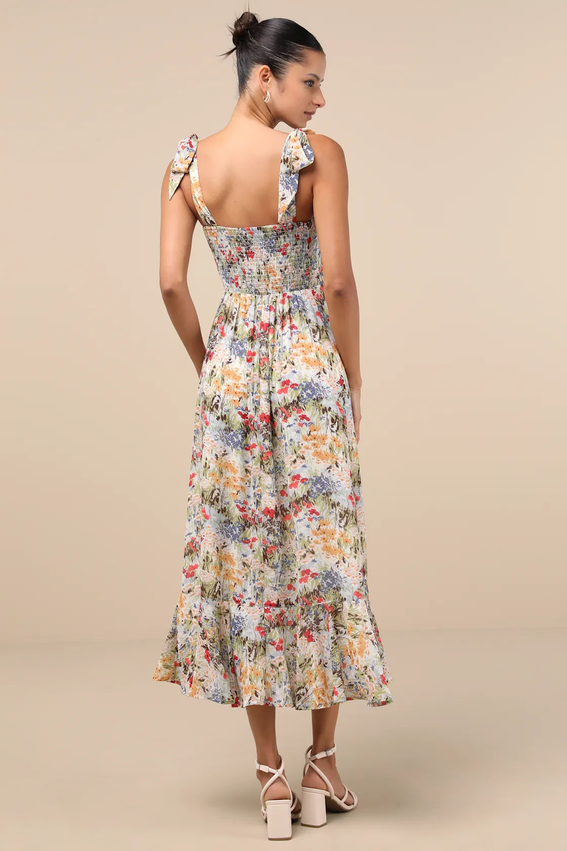 Summer Invite White Multi Floral Tie-Strap Tiered Midi Dress | Lulus