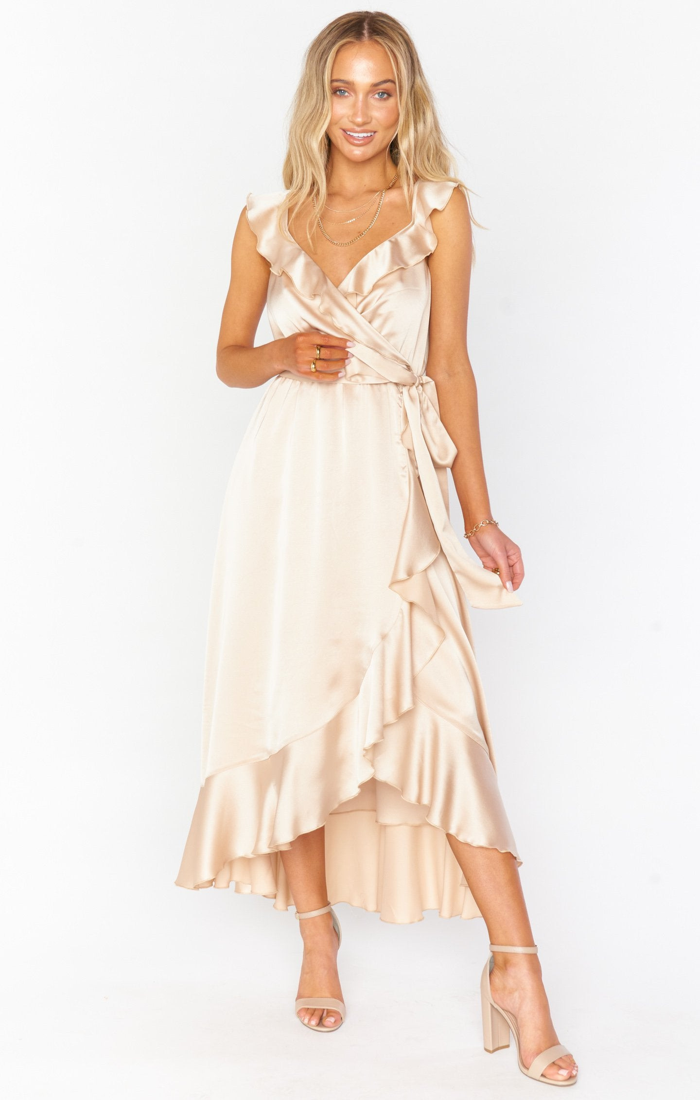 Samantha Ruffle Wrap Dress, in Champagne Luxe Satin, Size: 2XS | Show Me Your Mumu | Show Me Your Mumu