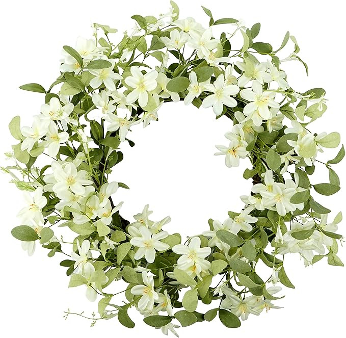18'' Spring Wreath Summer Wreath for Front Door with Green Eucalyptus Leaves and White Cherry Blo... | Amazon (US)