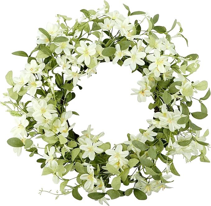 18'' Spring Wreath Summer Wreath for Front Door with Green Eucalyptus Leaves and White Cherry Blo... | Amazon (US)
