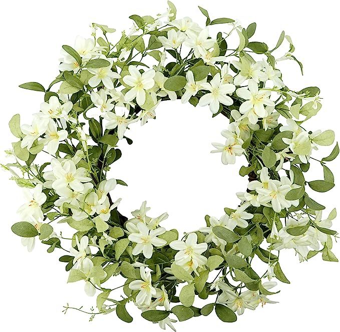 WreathDream 18'' Spring Wreath for Front Door with Green Eucalyptus Leaves and White Cherry Bloss... | Amazon (US)