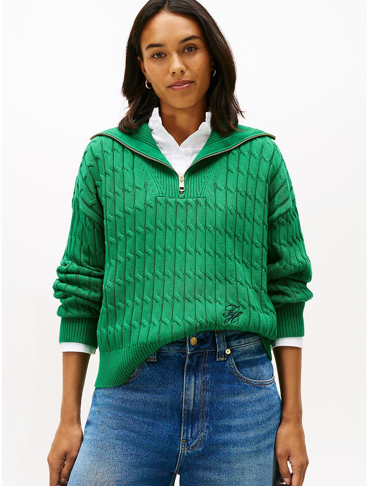 Tommy Hilfiger Women's Cable Knit Quarter-Zip Sweater - Green - M | Tommy Hilfiger (US)