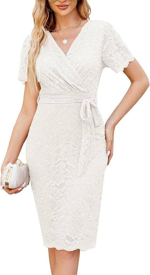 GRACE KARIN Floral Lace Dress for Women Short Sleeve V Neck Wedding Guest Dress with Belt Cocktai... | Amazon (US)