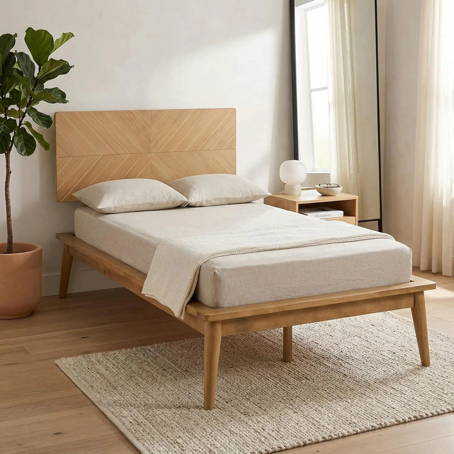 Allforwood Loki Solid Wood Bed Frame Twin XL Premium Platform Bed with Chevron Headboard Design and Wood Slat Support Light Oak | 902301 | Lowe's