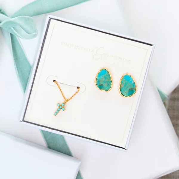 Turquoise Stud Earrings and Dainty Cross Necklace Holiday Gift Set | Christina Greene 