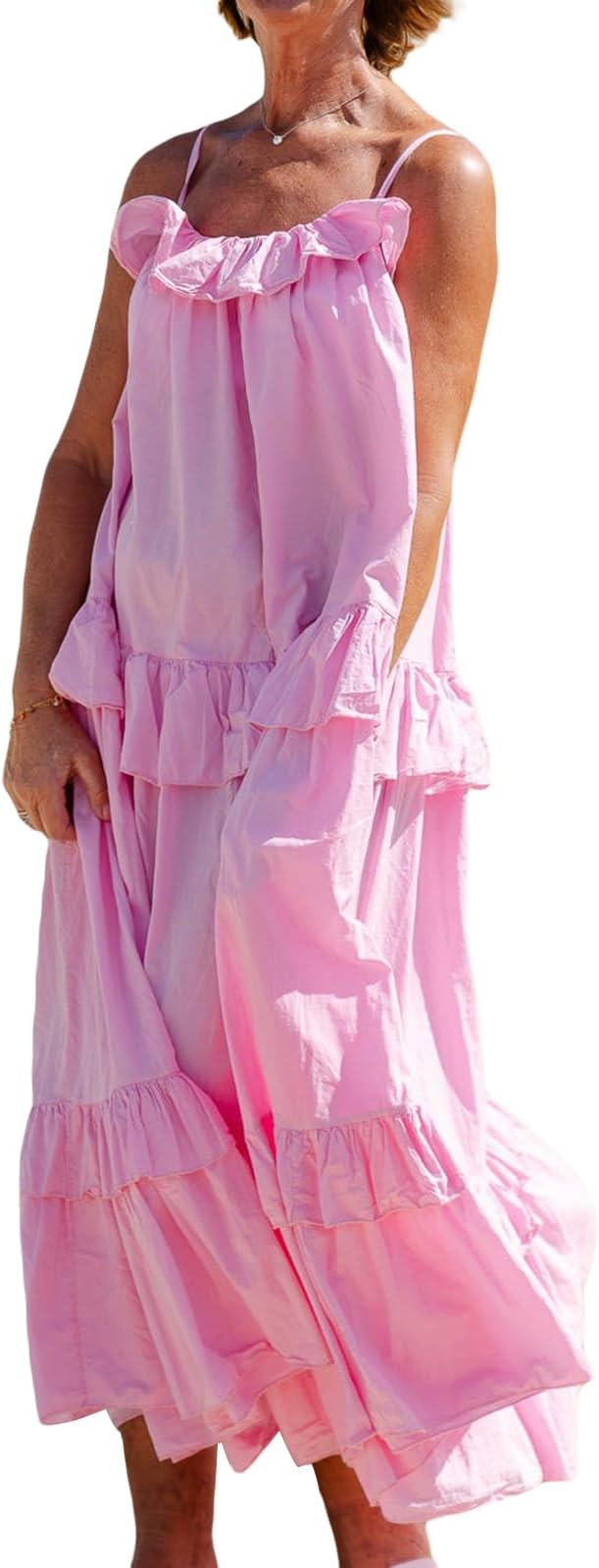 Summer Maxi Dress for Women Sleeveless Spaghetti Strap Ruffle Tiered Maxi Sundress Loose Backless... | Amazon (US)