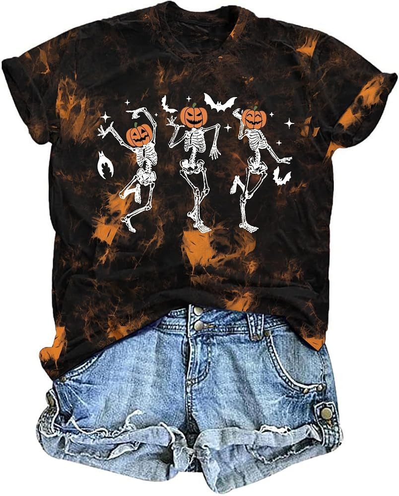 Dancing Skeleton Shirt for Women Happy Halloween T-Shirt Funny Skeleton Graphic Tees Tops Blouse ... | Amazon (US)