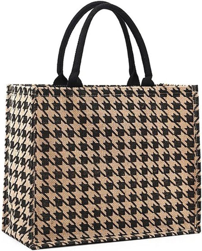 Amazon.com: TANOSII Straw Beach Bag For Women Jute Handbag Handmade Woven Tote Bag with Houndstoo... | Amazon (US)