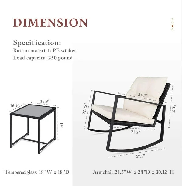 SUNCROWN 3-Piece Outdoor Patio Wicker Bistro Rocking Chair Set - Two Chairs with Glass Coffee Tab... | Walmart (US)