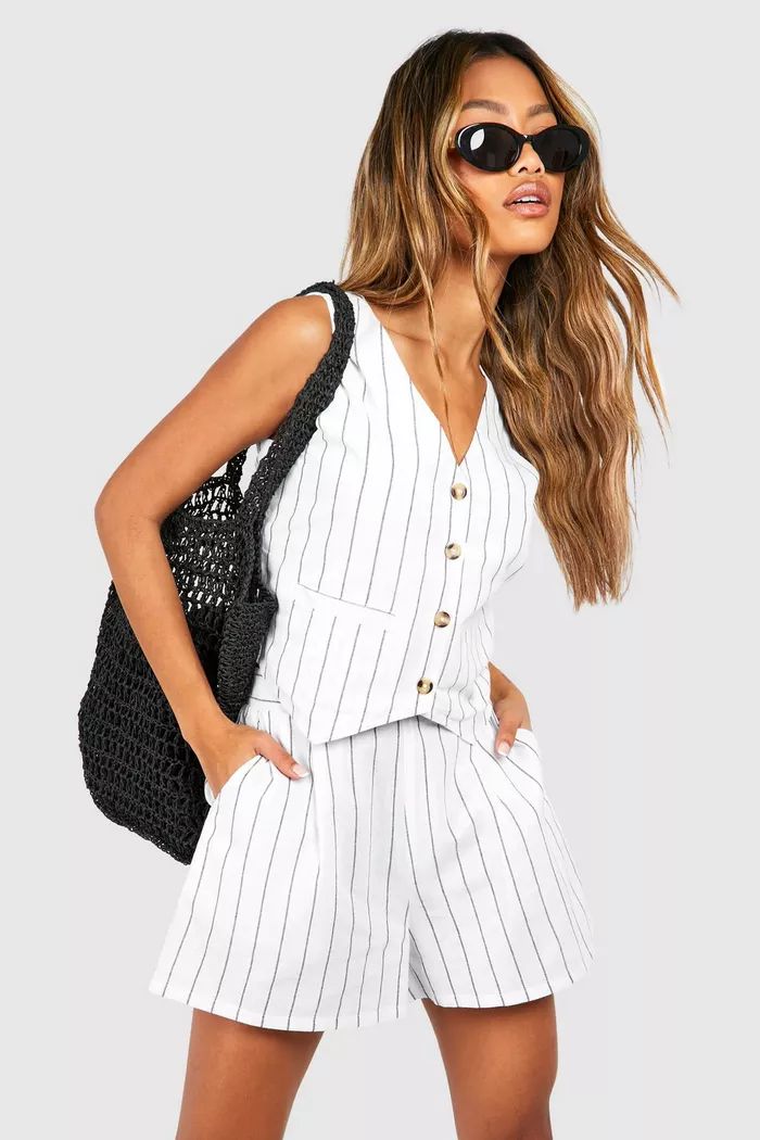 Linen Look Striped Waistcoat & Relaxed Fit Shorts | Boohoo.com (UK & IE)