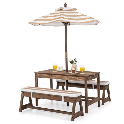 HONEY JOY Kids Picnic Table, Outdoor Wooden Table & Bench Set w/Removable Cushions and Umbrella, Stripe Fabric, Children Backyard Furniture for Patio Garden, Gift for Toddler Boys Girls Age 3+(Coffee) | Amazon (US)