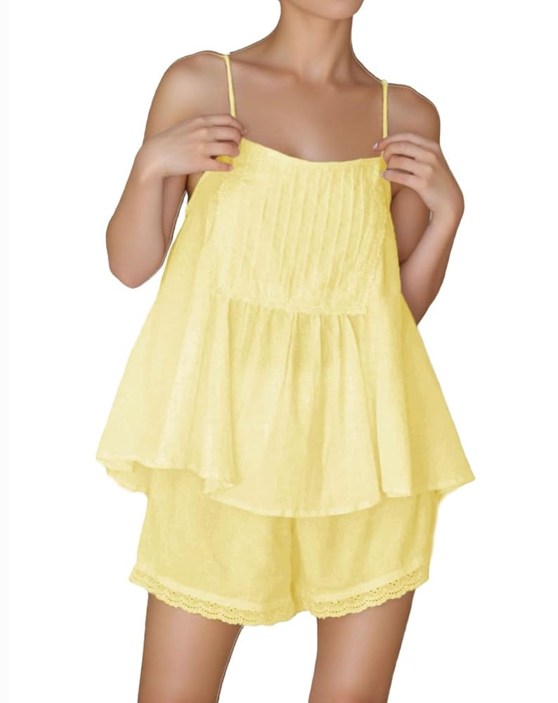 Womens Summer 2 Piece Set Sleeveless Tie Straps Ruffle Trim Top and Shorts Sets Soft Cozy Pajamas... | Amazon (US)