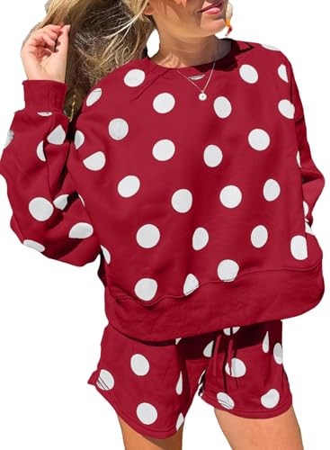 KevaMolly Women Polka Dot Drop Shoulder 2 Piece Lounge Set Racing Red S | Amazon (US)