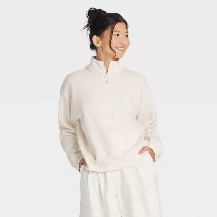 Women&#39;s Fleece Quarter Zip Sweatshirt - A New Day&#8482; Cream L | Target