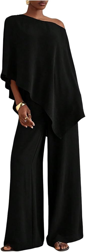 MakeMeChic Women's Summer 2 Piece Set Beach Vacation Outfits Off The Shoulder Poncho Top Wide Leg... | Amazon (US)