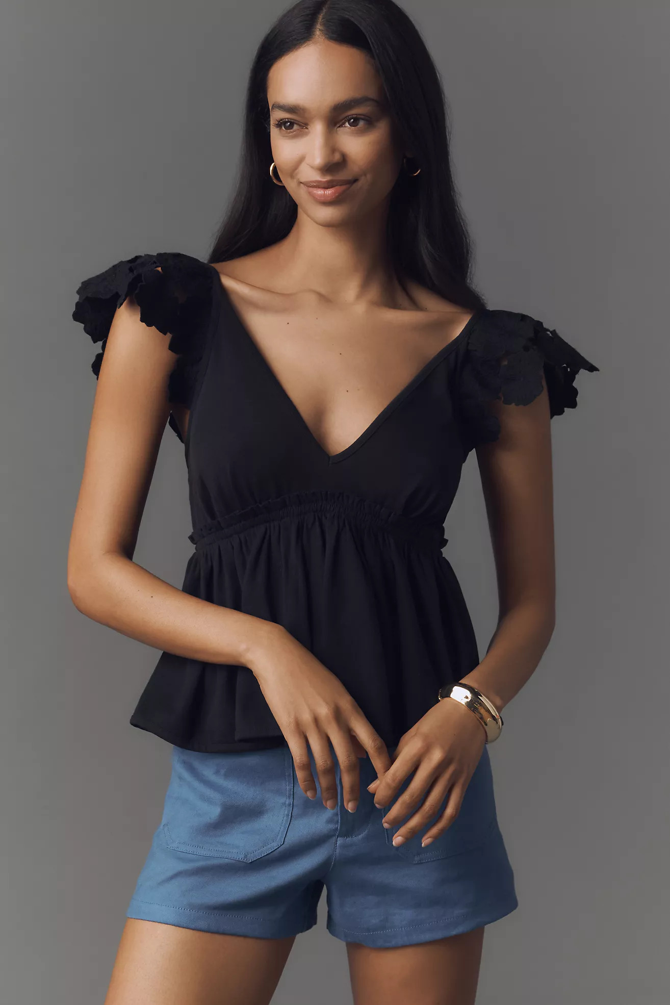 By Anthropologie Cotton Flutter-Sleeve V-Neck Babydoll Top | Anthropologie (US)