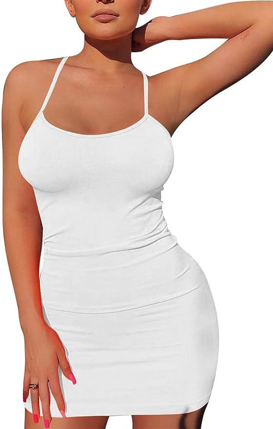 Mizoci Women's Sexy Sleeveless Spaghetti Strap Tank Bodycon Tight Mini Club Party Dress | Amazon (US)