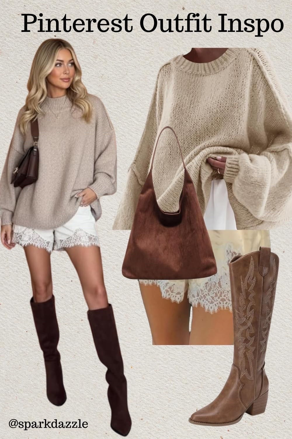 Cozy Neutral Fall Outfit Inspo with Cowboy Boots

The perfect cozy fall outfit featuring an oversized neutral sweater, feminine white lace shorts, a rich brown suede-style shoulder bag and tall western cowboy boots. I love the mix of soft feminine details with western-inspired accessories for an effortless early fall look. Save this outfit idea for casual weekends, brunch, coffee dates and transitional fall fashion inspiration.

#FallOutfit #FallOutfitInspo #FallFashion #EarlyFallOutfit #NeutralOutfit #CozyOutfit #SweaterOutfit #CowboyBoots #WesternStyle #WesternFashion #LaceShorts #BrownAccessories #AmazonFashion #AmazonFinds #CasualChic #AutumnStyle #WomensFashion