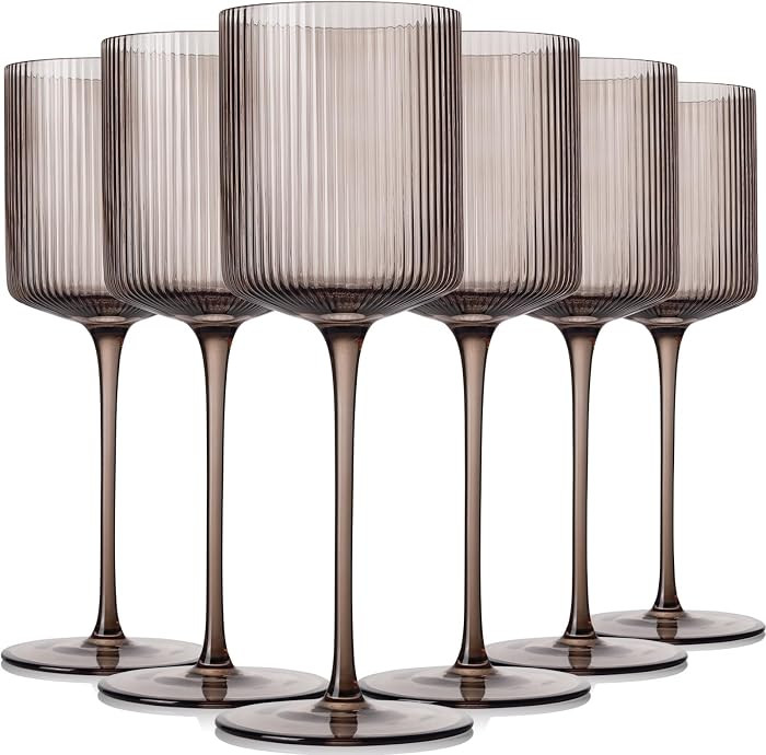 Gray Square Wine Glasses Set of 6, Elegant Ribbed Design Gray Glassware with Long Stem, 11.5oz Red & White Wine Stemware For Home Dinner Party Housewarming Gift | Amazon (US)
