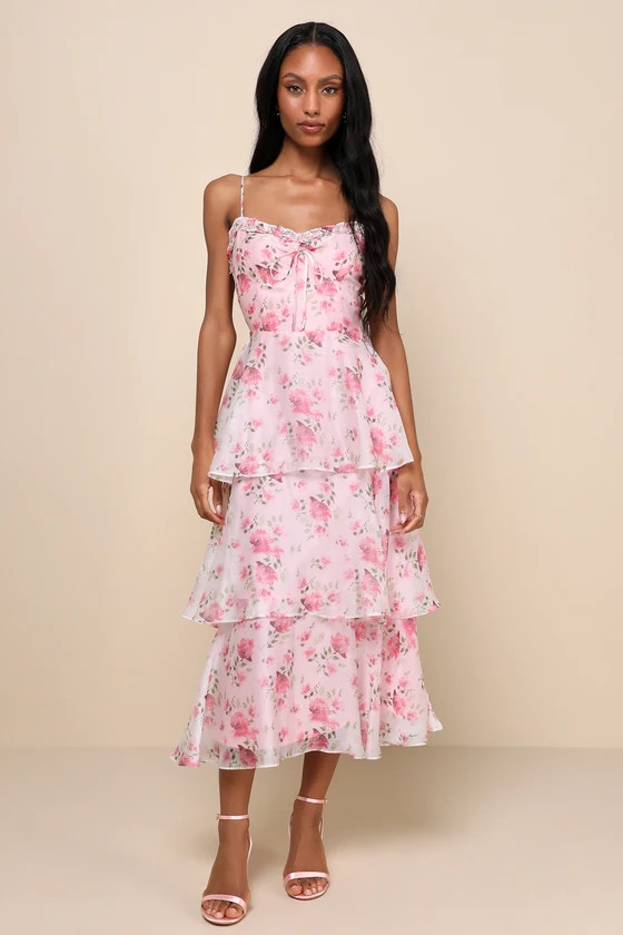 Immaculate Cutie Light Pink Floral Sleeveless Tiered Midi Dress | Lulus