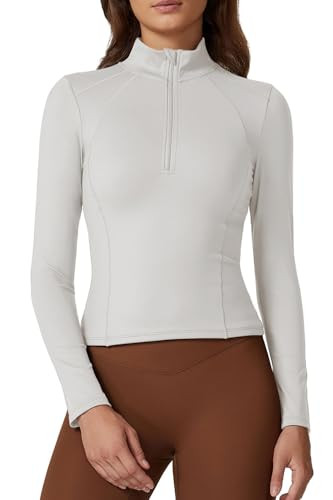 QINSEN Womens Half Zip Long Sleeve Shirts Double Lined Workout Tees Fitted Athletic Crop Tops | Amazon (US)