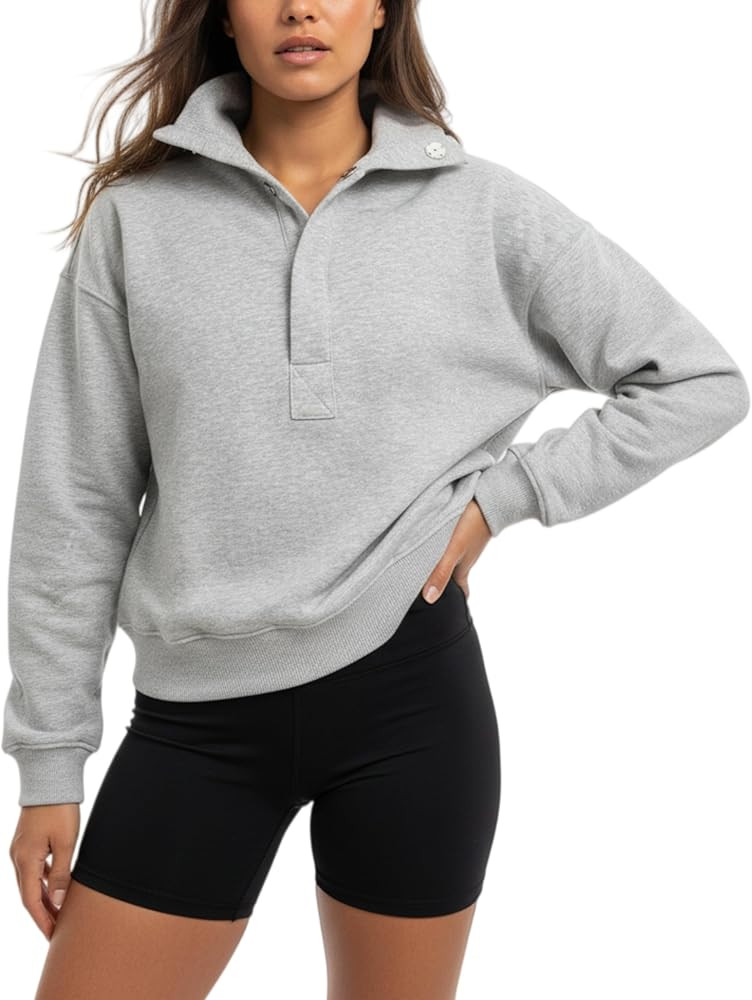 Cropped Sweatshirt for Women Pullover Sweatshirt Quarter Snap Button Up Long Sleeve Henley Shirts | Amazon (US)