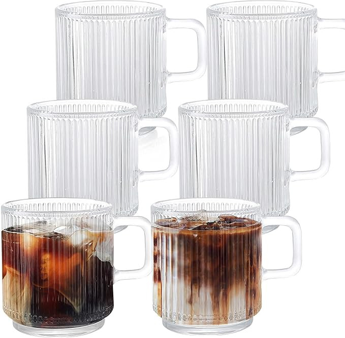 6 Pcs Glass Coffee Mugs with Handle 12 oz Classic Vertical Stripes Tea Cup Vintage Glass Coffee C... | Amazon (CA)
