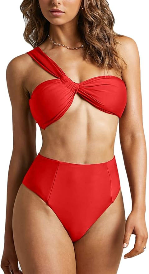 Mulisky Women’s Sexy One Shoulder Bikini Set Ruched Bandeau High Waisted Two Piece Swimsuit Swi... | Amazon (US)