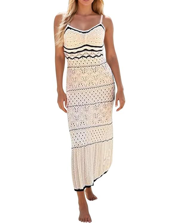 Women's Crochet Dress Spaghetti Strap Eyelet Sleeveless Striped Midi Dress Summer Beach Knit Long... | Amazon (US)