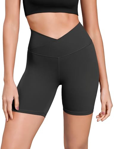 ODODOS Cloud Feeling Cross Waist Yoga Shorts for Women, 6" Crossover High Waist Lounge Biker Shorts, Onyx Black Grey, X-Large | Amazon (US)