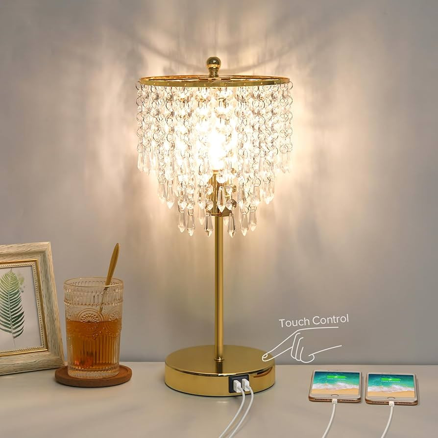 Touch Control Crystal Table Lamp with Dual USB Ports, 3-Way Dimmable Gold Lamp, Bedside Light wit... | Amazon (US)