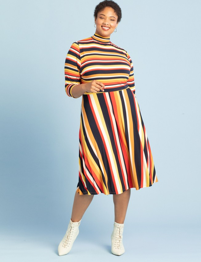 ELOQUII Elements Printed Fit and Flare Dress - Multi Stripe | Eloquii