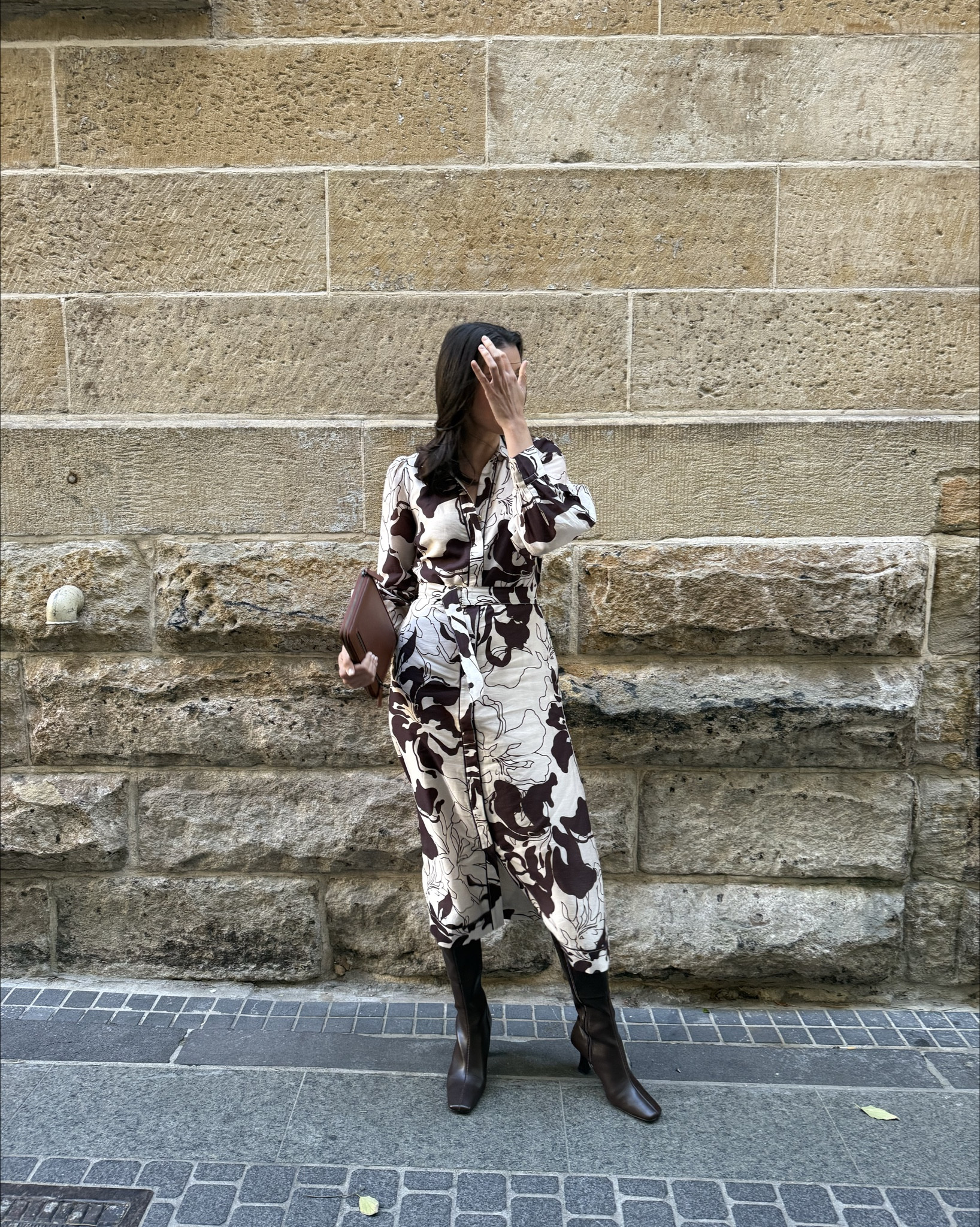 What I wore to work today 🤎 Chocolate brown and white midi dress with long sleeves, a collared neckline, a button-down front, and a D-ring belt. I paired it with chocolate knee-high boots for a refined corporate look. 

#LTKworkwear #LTKaustralia #LTKwinter