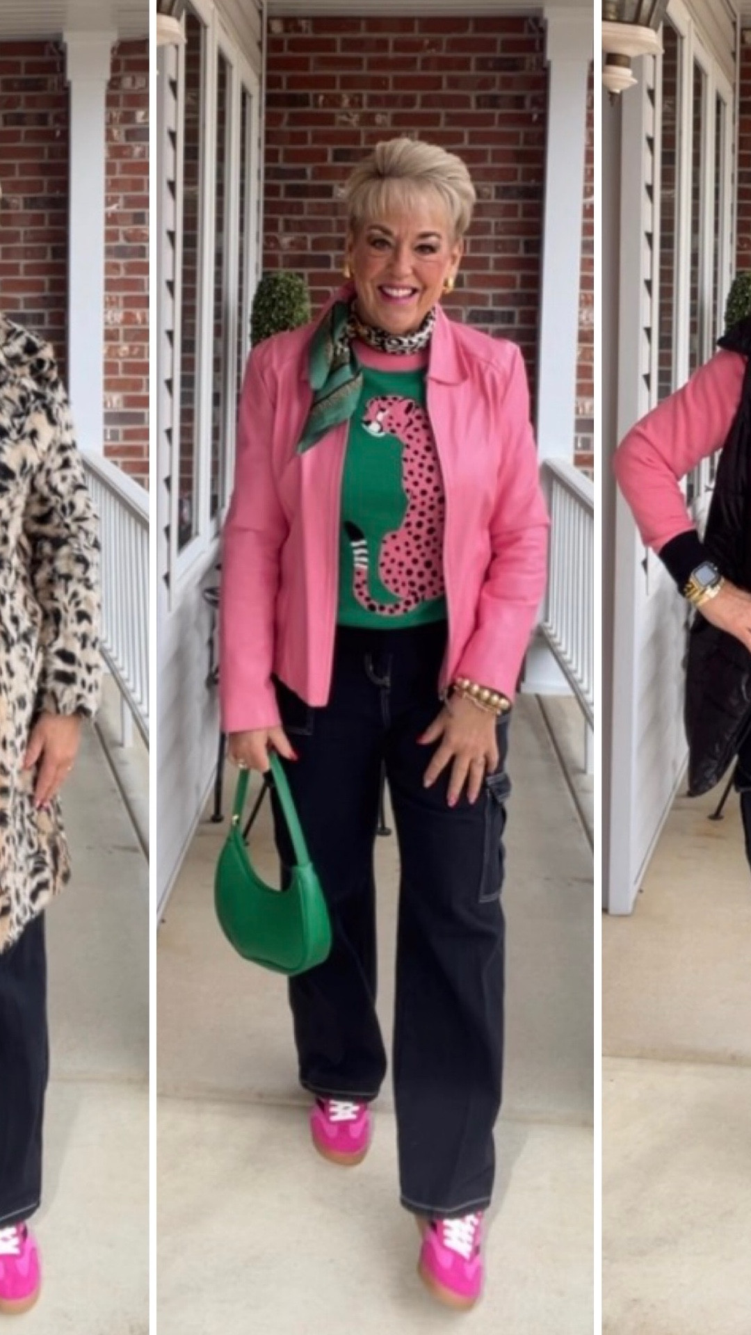 Leopard Sweater
Black Cargo Jeans
Pink and Green Sneakers
Leopard Scarf
Green Purse
Leopard Coat 
Long Puffer Vest
Leopard Pin