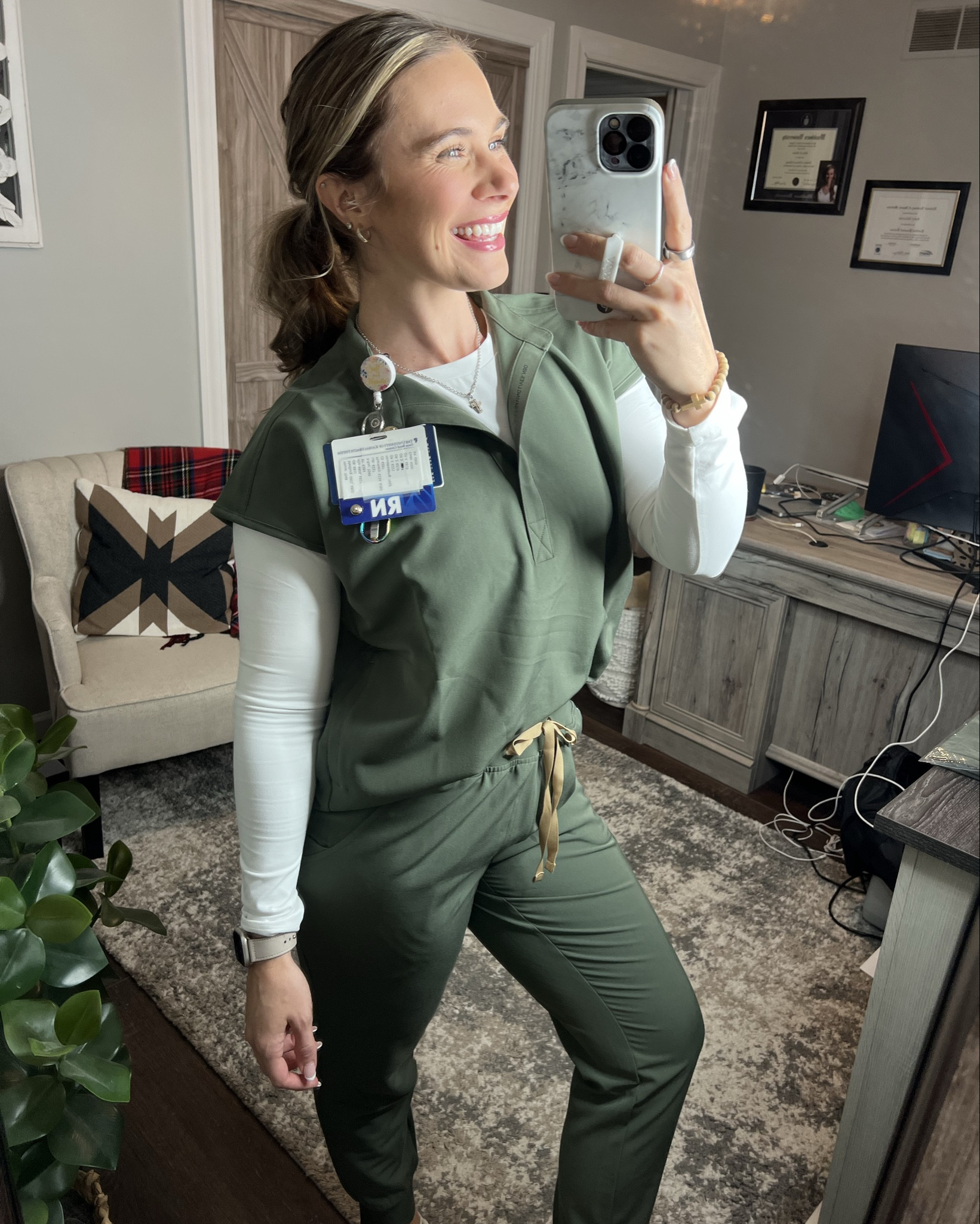 Fall lovers FAV 😍
Wearing moss in Fig’s scrubs 

Top- XS
joggers- medium- regular length 
Shoes- TTS

5’4.5”
About 145lbs 

#LTKWorkwear #LTKStyleTip #LTKSeasonal