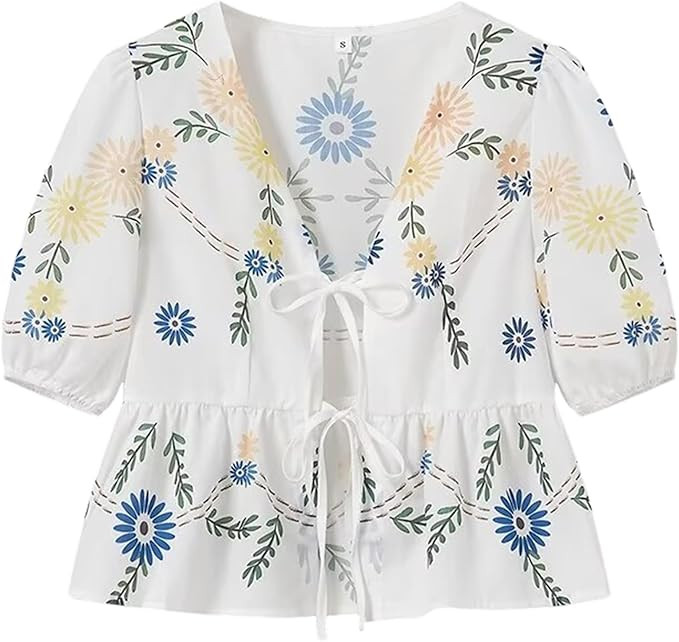 Yimoon Women's Y2K Bow Tie Front Babydoll Blouse Puff Short Sleeve Peplum Ruffle Hem Summer Going... | Amazon (US)