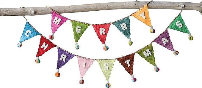 Creative Co-Op Multicolor Banner Style Wool Felt Merry Christmas Poms Garland | Amazon (US)